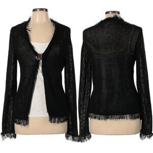 Chico's Size 2/ US L Womens Cardigan Open Weave One Button Fringe Bohemian Linen